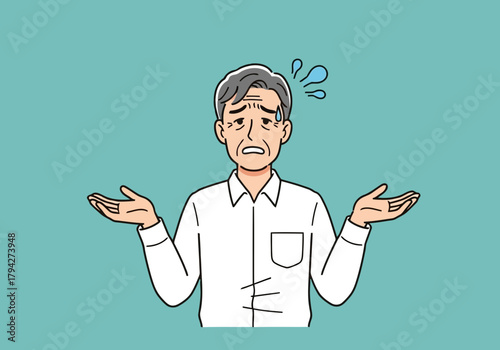 A confused elderly man with gray hair shrugging his shoulders and hands outstretched, expressing uncertainty or bewilderment