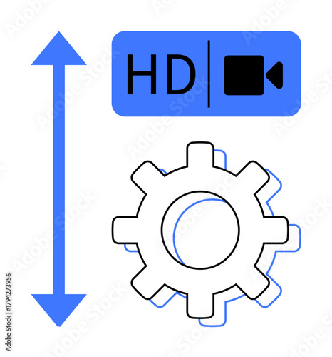 Gear wheel, HD video icon, and bidirectional arrow represent settings, customization, and video adjustments. Ideal for technology, video quality, editing, customization configuration adjustments