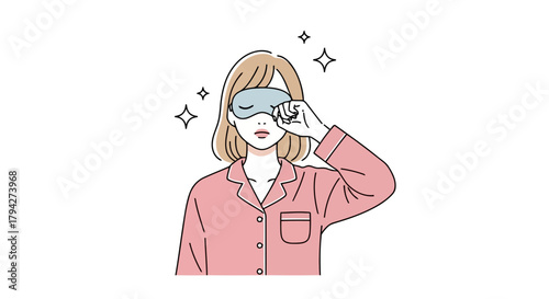 Woman in pink pajamas wearing a sleep mask, waking up with sparkling eyes and a refreshed look