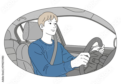 Man driving a car with seatbelt fastened, holding the steering wheel, focused on the road ahead