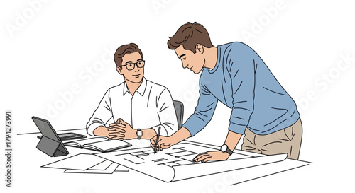 Two men collaborating on a blueprint, one explaining details while the other listens attentively at a desk with a laptop
