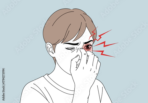 Closeup of a person rubbing their eye with red irritation and sharp pain signals, conveying discomfort and eye strain
