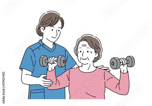 Elderly woman exercising with dumbbells, assisted by a physical therapist, promoting health