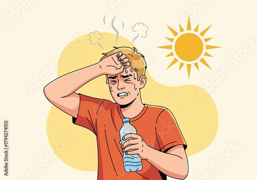 Young man sweating profusely holding a water bottle under the hot sun, feeling the heat