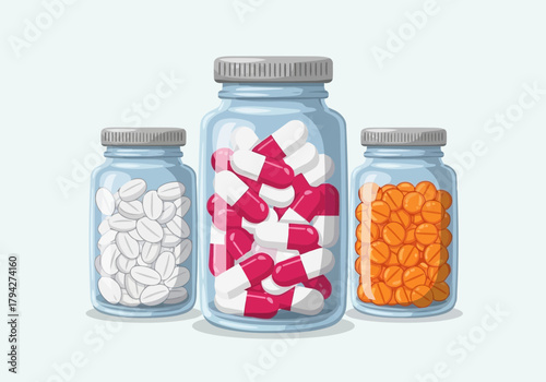 Three glass bottles filled with various pills and capsules, representing medication and healthcare