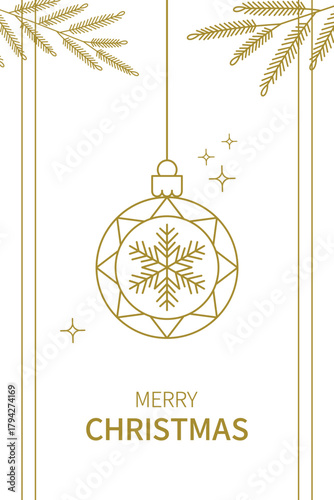Luxury gold merry christmas card vector, white elegant hanging baubles and ornaments line art.