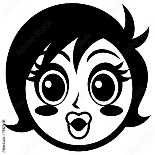 Cartoon face with big eyes and black hair outline on transparent background