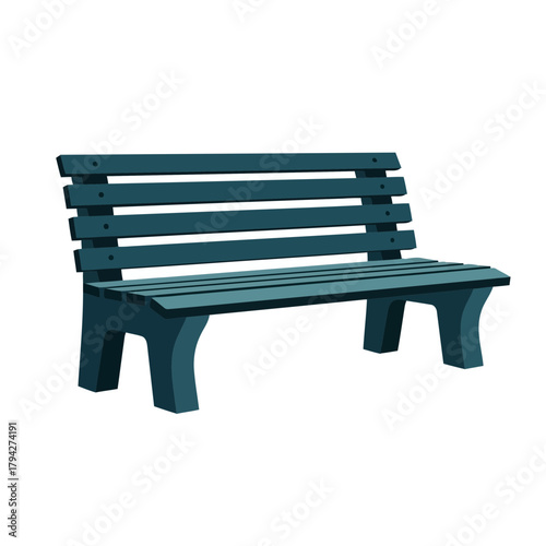 A dark teal park bench with a slatted seat and back