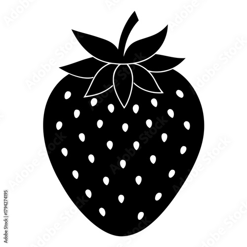 Silhouette of a strawberry with leaves and seeds on transparent background