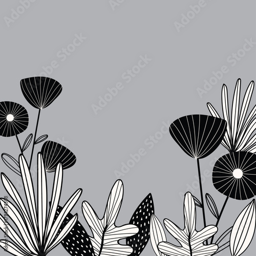 Elegant botanical illustration featuring stylized black and white flowers and leaves on a soft creating a peaceful and modern nature inspired design element