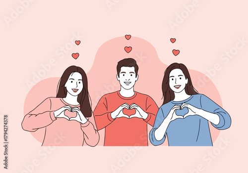 Three people forming heart shapes with their hands, expressing love and connection