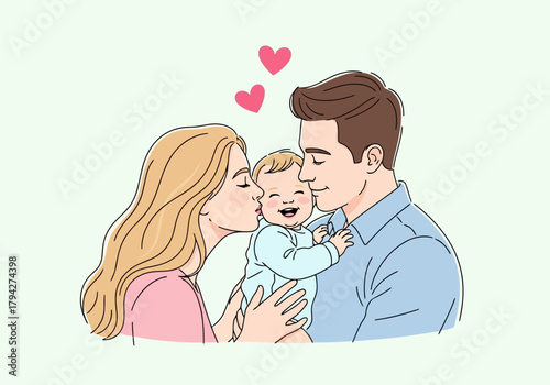 A happy family with a baby, a mother kissing her baby, and a father holding the baby, with hearts above them