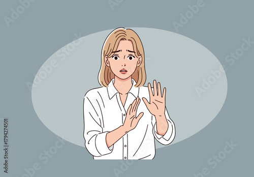 Young woman with a worried expression holding up her hands in a stop gesture, conveying refusal