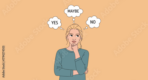 Woman thinking with thought bubbles showing yes, no, and maybe options, representing indecision