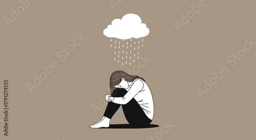 A person sits curled up in a fetal position under a rain cloud, symbolizing sadness and depression