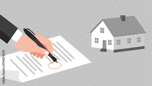 Close up illustration of a hand holding a pen poised to sign a legal document symbolizing agreement and commitment in a business transaction