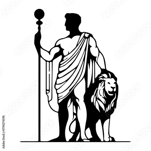 Classical Figure in Toga with Staff and Lion