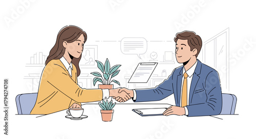 Two business people shaking hands over a table with coffee and plants, agreement and partnership concept