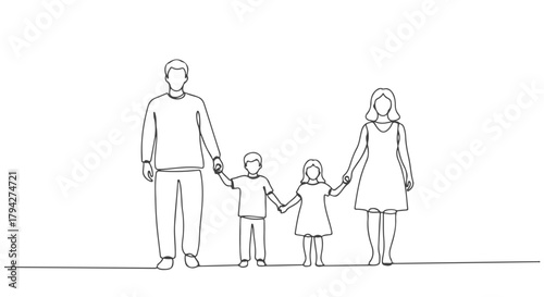 One line continuous drawing of a family of four holding hands, simple eps artwork for designs
