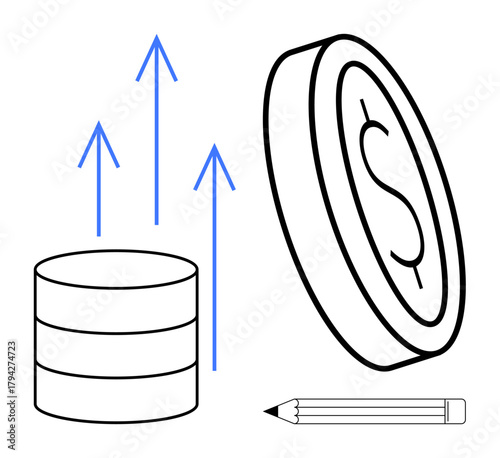 Stacked discs with upward arrows, dollar coin, and pencil represent monetary success and data insights. Ideal for finance, savings, creative strategy, business growth, analysis, planning simple flat