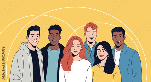 Diverse group of six young people smiling and standing together, community and friendship concept, yellow background