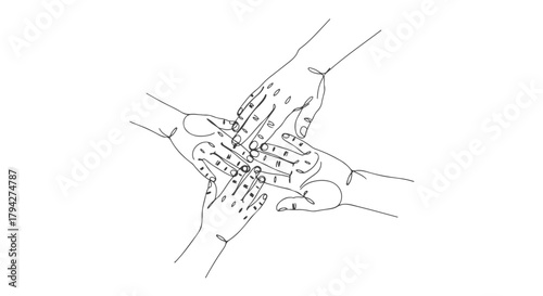 A unified connection of hands, rendered in a one continuous line drawing, showcasing simplistic yet powerful graphic vector art
