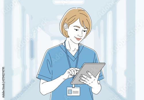Medical professional in blue scrubs looking at a tablet in a hospital hallway