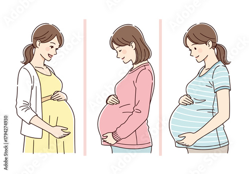 Three pregnant women in profile, showcasing different stages of pregnancy and attire, with focus on the baby bump