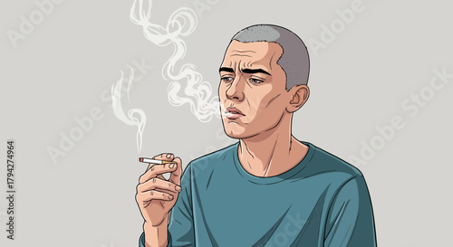 A man with a shaved head smoking a cigarette, with smoke rising around his face in a stylized illustration