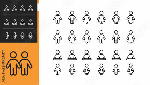 Diverse group icons, gender representation, equality concept, community symbols in modern line art style