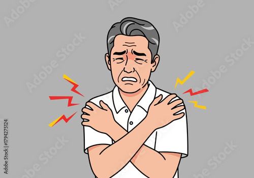 Elderly man suffering from shoulder pain, clutching his arms with a pained expression, with lightning bolt symbols indicating discomfort