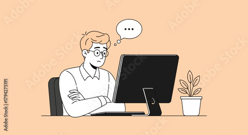 Man with glasses looking stressed at computer screen, representing work stress and burnout