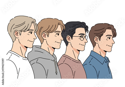Four men in profile view, lined up side by side, showcasing diverse hairstyles and casual clothing, with subtle smiles