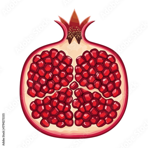A vibrant, juicy pomegranate cut in half, revealing its rubyred seeds and segmented interior, a symbol of health and abundance