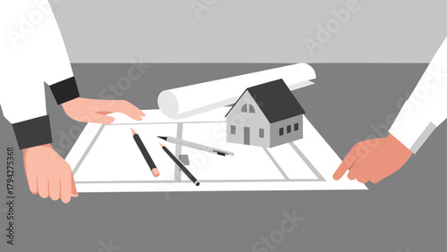 Diverse team of architects collaborating on detailed blueprints spread across a modern table discussing project plans and designs