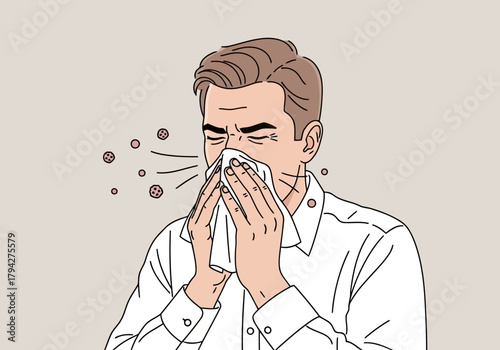 Man sneezing into a tissue, with airborne particles shown around him, indicating illness or allergies