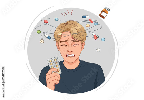Man looking distressed with pills and a blister pack, surrounded by swirling medication, representing illness or addiction