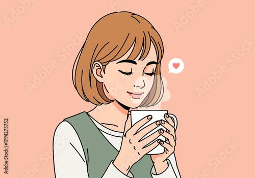 Young woman enjoying a warm cup of coffee, illustration