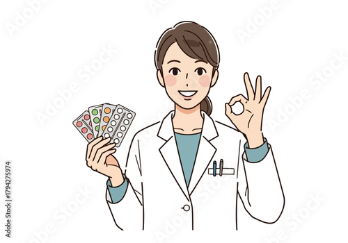 Pharmacist in white coat showing blister packs of pills and giving ok sign