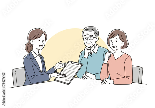 A financial advisor explains a document to an elderly couple sitting at a table, with a warm sunburst in the background