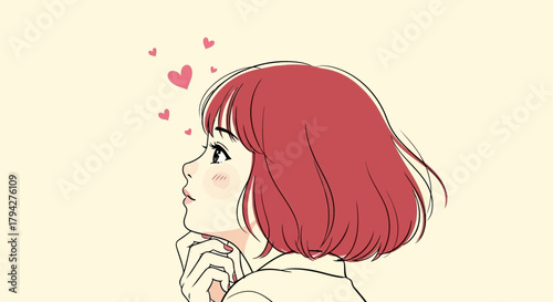 A young woman with short red hair looks upwards with a dreamy expression, surrounded by small pink hearts, conveying affection or admiration
