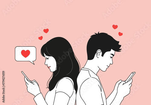 A couple sits back to back, each engrossed in their smartphone, with a heart icon in a speech bubble indicating digital communication and love