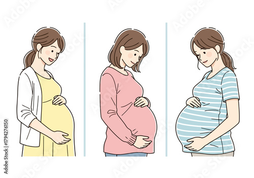 Three pregnant women in different stages of pregnancy, depicted in a simple line art style on a