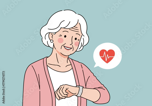 Elderly woman checking her smartwatch with a heart rate monitor icon, symbolizing health and technology in senior care