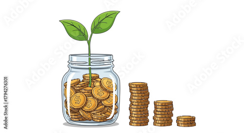 A small plant grows from a glass jar filled with coins, symbolizing financial growth and investment