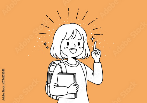 Happy school girl with backpack holding a book and pointing finger up with sparkling stars around her head