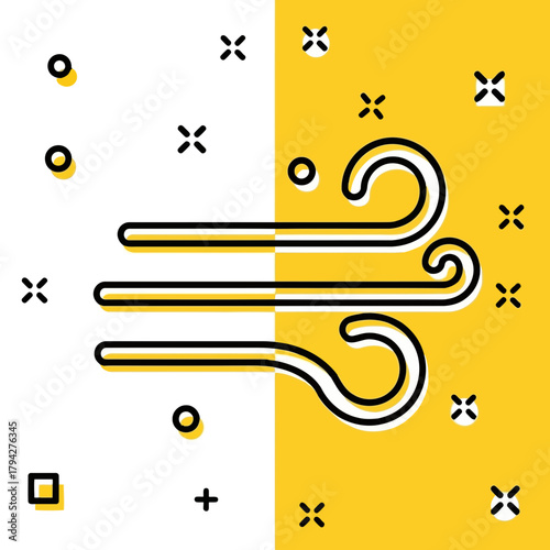 Stylized icon representing wind or air flow, with curved lines and dots on a split yellow and