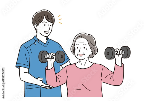 A physical therapist assists an elderly woman in lifting dumbbells, promoting strength and rehabilitation