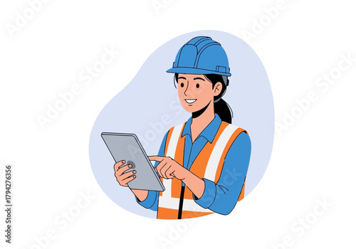 Female construction worker in hard hat and safety vest using a tablet computer on a light blue background