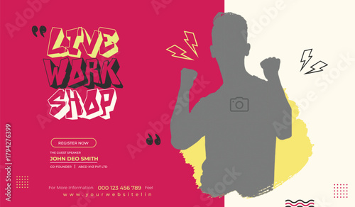 Man in suit posing next to vibrant event flyer